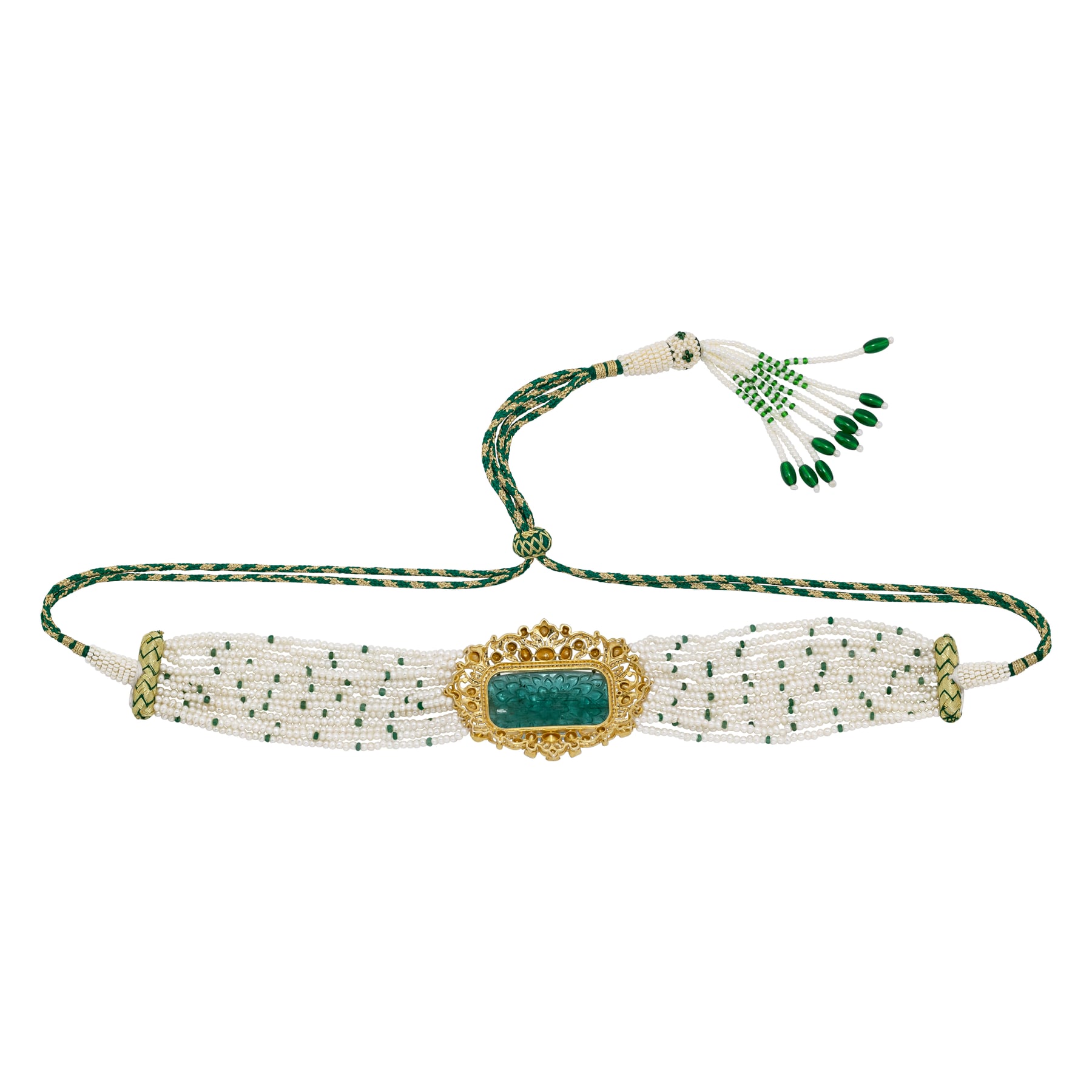 Carved Green Stone Polki Choker with Pearl Strands